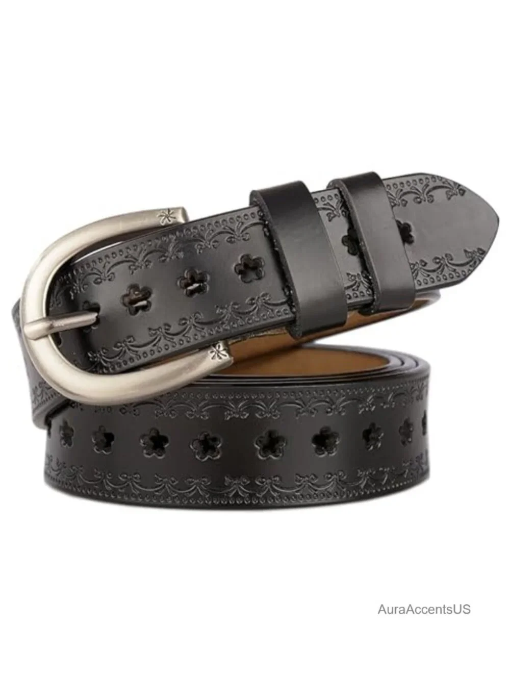 Vintage Floral Engraved Embossed Genuine Leather Western Belt for Jeans Dresses